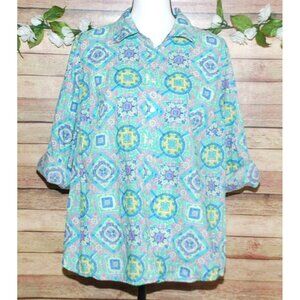 Talbots Colorful Geo Mosaic Print Button Up Blouse SZ 2X Petite Roll Tab Cotton